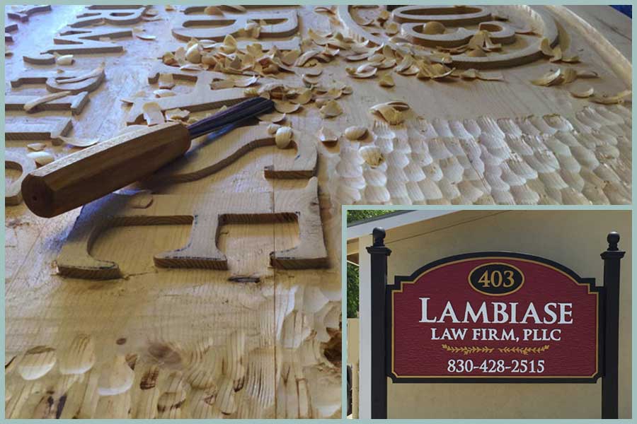 Carved sign for Lambiase Law using cedar wood by angelgomezsigns.com
